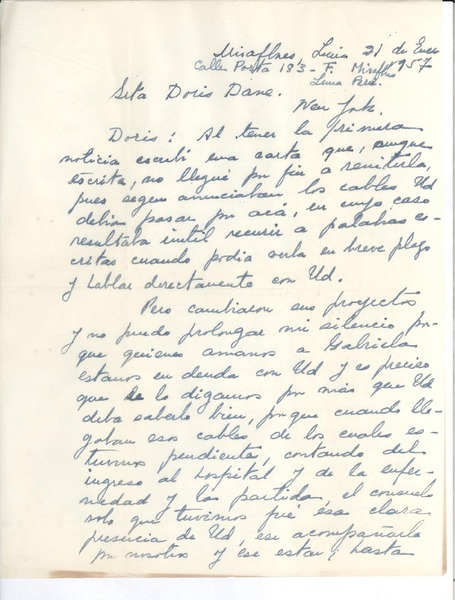 [Carta] 1957 ene. 21, Miraflores, Lima, Perú [a] Doris Dana, New York, Estados Unidos