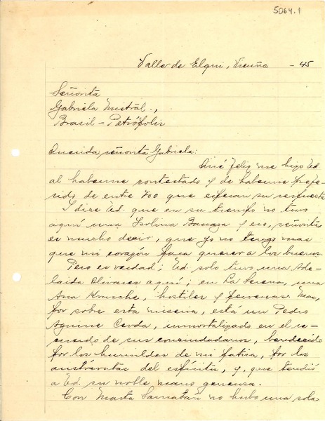 [Carta] 1945, Valle del Elqui, Vicuña, [Chile] [a] Gabriela Mistral, Petrópolis, Brasil
