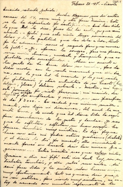 [Carta] 1947 feb. 20, Vicuña [a] Gabriela Mistral