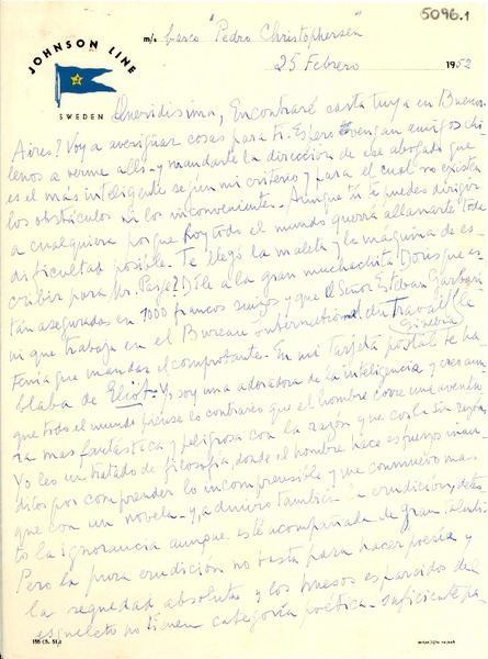 [Carta] 1952 feb. 25, Barco Pedro Cristophersen, [Suecia] [a] [Gabriela Mistral]