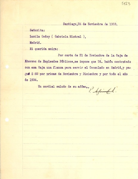 [Carta] 1933 nov. 24, Santiago [a] Lucila Godoy, Madrid