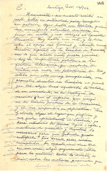 [Carta] 1952 nov. 12, Santiago [a] Gabriela Mistral