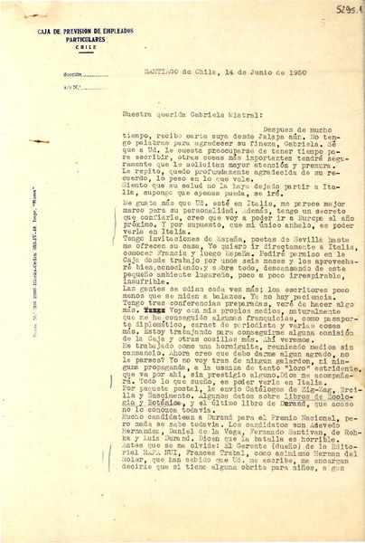 [Carta] 1950 jun. 14, Santiago [a] Gabriela Mistral