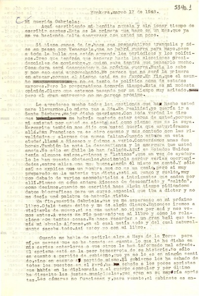 [Carta] 1948 mar. 17, Yonkers, [New York] [a] Gabriela Mistral