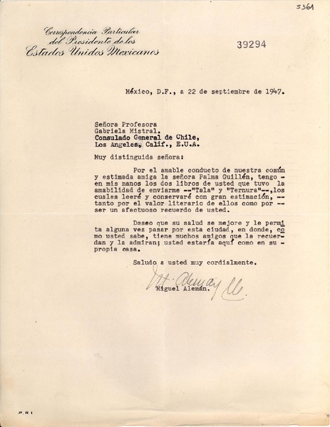 [Carta] 1947 sept. 22, México D.F. [a] Gabriela Mistral, Los Angeles, Calif[ornia]