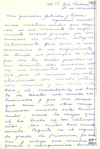 [Carta] 1950 nov. 20, Río Piedras, Puerto Rico [a] Gabriela Mistral