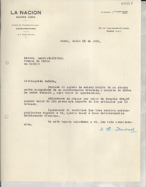 [Carta] 1933 jul. 24, Paris, [Francia] [a] Gabriela Mistral, Cónsul de Chile en Madrid, [España]