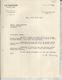 [Carta] 1933 jul. 24, Paris, [Francia] [a] Gabriela Mistral, Cónsul de Chile en Madrid, [España]