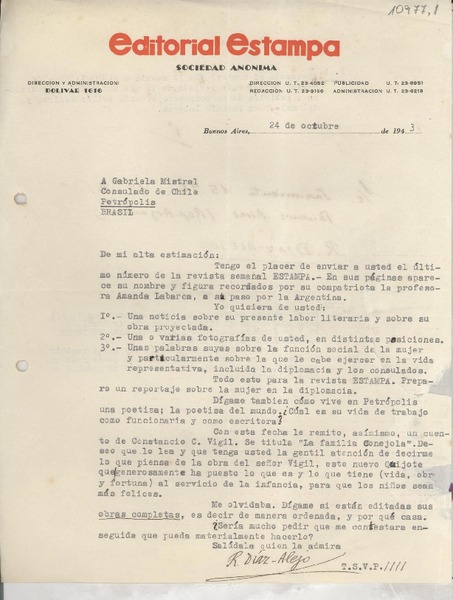 [Carta] 1943 oct. 24, Buenos Aires, [Argentina] [a] Gabriela Mistral, Consulado de Chile, Petrópolis, Brasil