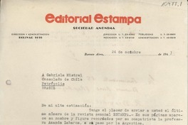 [Carta] 1943 oct. 24, Buenos Aires, [Argentina] [a] Gabriela Mistral, Consulado de Chile, Petrópolis, Brasil