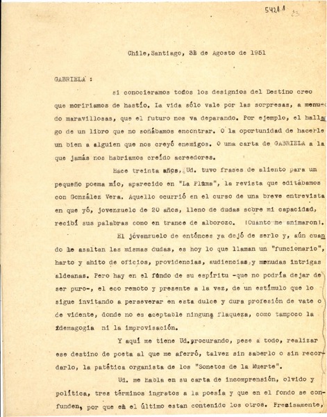 [Carta] 1951 ago. 31, Santiago, Chile [a] Gabriela [Mistral]