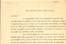 [Carta] 1951 ago. 31, Santiago, Chile [a] Gabriela [Mistral]