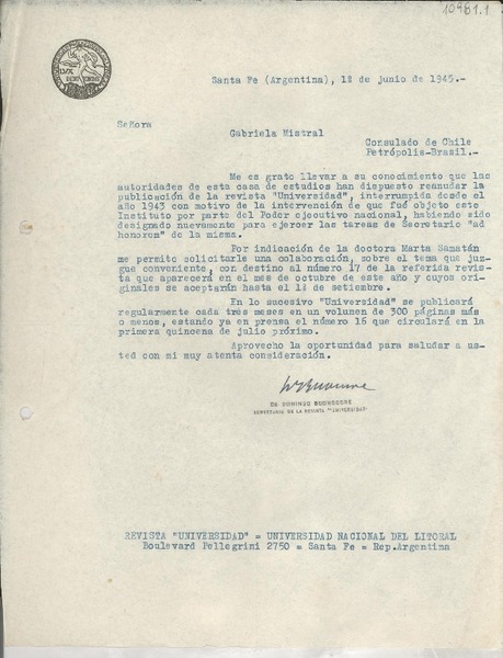 [Carta] 1945 jun. 1, Santa Fe, Argentina [a] Gabriela Mistral, Consulado de Chile, Petrópolis, Brasil