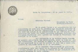 [Carta] 1945 jun. 1, Santa Fe, Argentina [a] Gabriela Mistral, Consulado de Chile, Petrópolis, Brasil