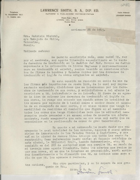 [Carta] 1945 nov. 28, Buenos Aires, [Argentina] [a] Gabriela Mistral, Embajada de Chile, Estocolmo, Suecia