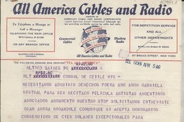[Telegrama] 1946 Apr. 5, B. Aires, [Argentina] [al] Consul de Ceiile [i.e. Chile], New York, [EE.UU.]