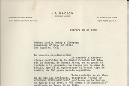 [Carta] 1948 feb. 20, New York, [EE.UU.] [a] Lucila Godoy y [sic] Alcayaga, Consulate of Rep. of Chile, Los Angeles, Cal., [EE.UU.]
