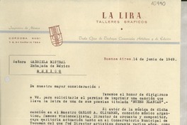 [Carta] 1949 jun. 14, Buenos Aires, [Argentina] [a] Gabriela Mistral, Embajada de México, México