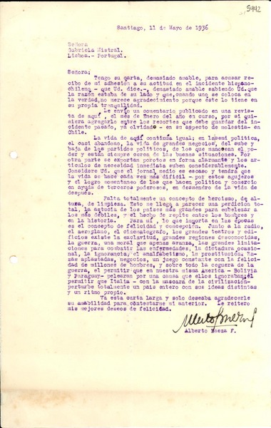 [Carta] 1936 mayo 11, Santiago [a] Gabriela Mistral, Lisboa Portugal