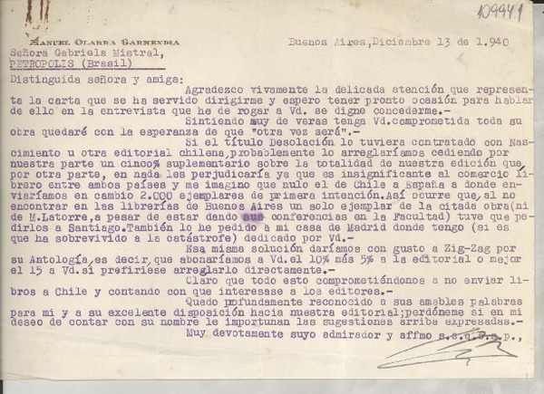 [Carta] 1940 dic. 13, Buenos Aires, [Argentina] [a] Gabriela Mistral, Petrópolis, Brasil