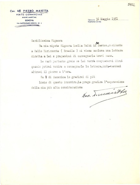 [Carta] 1951 mayo 31, Génova [a] Gabriela Mistral