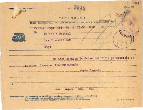 [Telegrama] 1954 sept. 9, Santiago, [Chile] [a] Gabriela Mistral, Santiago, [Chile]