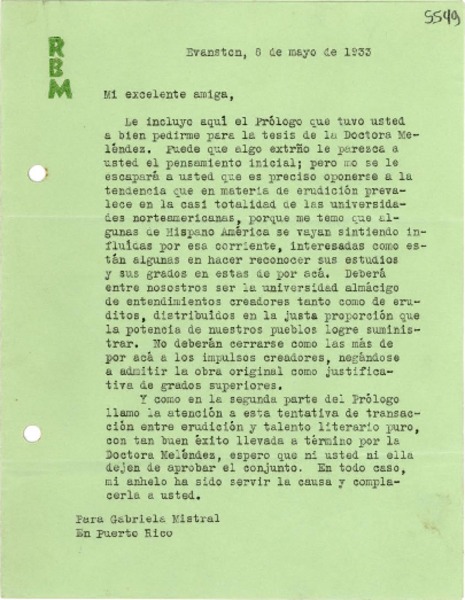 [Carta] 1933 mayo 8, Evanston, [Estados Unidos] [a] Gabriela Mistral, Puerto Rico