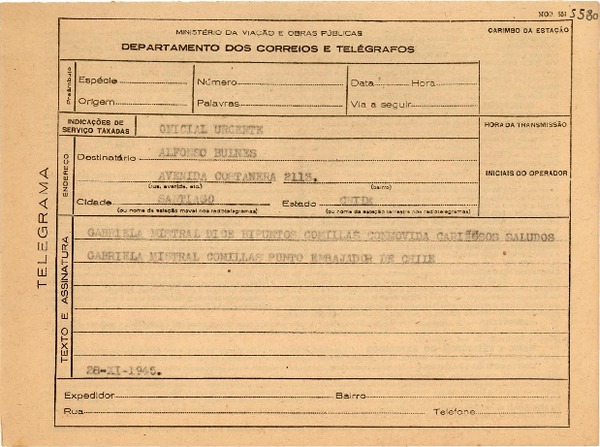 [Telegrama] 1945 nov. 28, [Brasil] [a] Alfonso Bulnes, Santiago, Chile