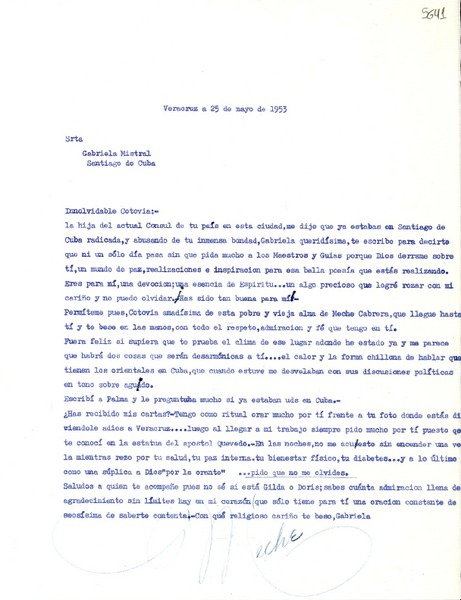 [Carta] 1953 mayo 25, Veracruz [a] Gabriela Mistral, Santiago de Cuba