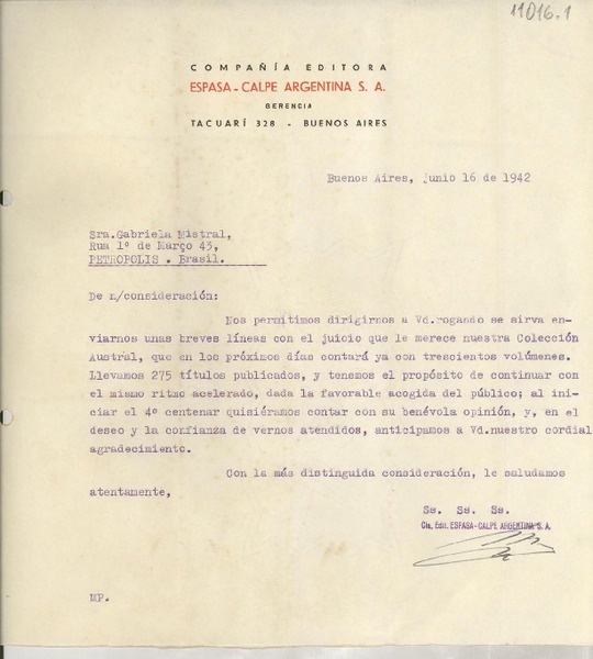 [Carta] 1942 jun. 16, Buenos Aires, [Argentina] [a] Gabriela Mistral, Petrópolis, Brasil