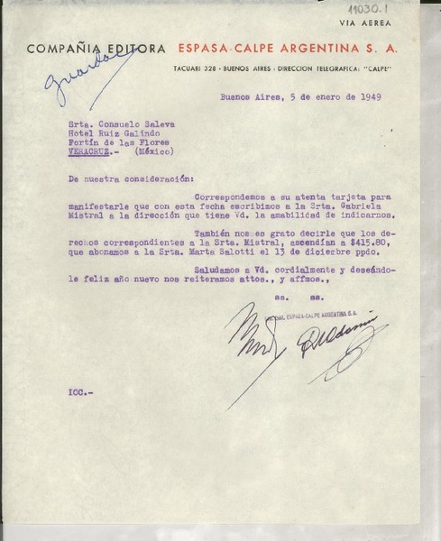 [Carta] 1949 ene. 5, Buenos Aires, [Argentina] [a] Consuelo Saleva, Hotel Ruiz Galindo, Fortín de las Flores, Veracruz, México