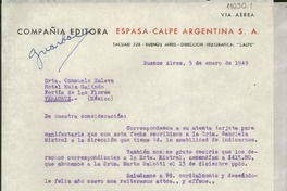 [Carta] 1949 ene. 5, Buenos Aires, [Argentina] [a] Consuelo Saleva, Hotel Ruiz Galindo, Fortín de las Flores, Veracruz, México