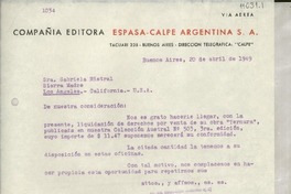 [Carta] 1949 abr. 20, Buenos Aires, [Argentina] [a] Gabriela Mistral, Sierra Madre, Los Angeles, California, [EE.UU.]