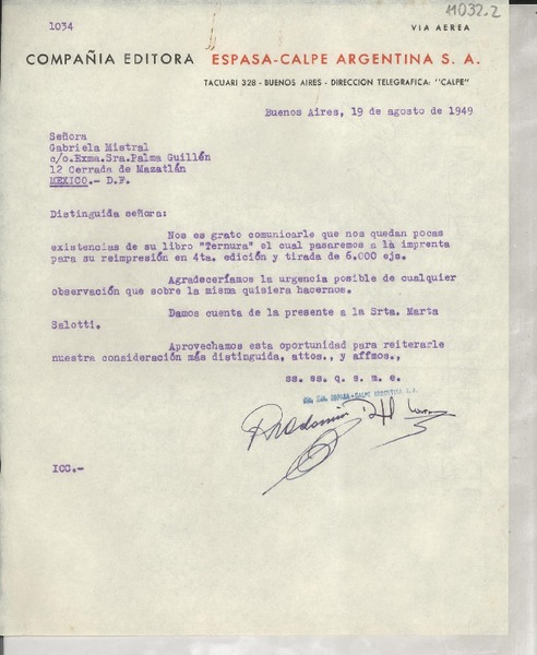 [Carta] 1949 ago. 19, Buenos Aires, [Argentina] [a] Gabriela Mistral, México D.F., México