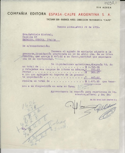 [Carta] 1951 abr. 24, Buenos Aires, [Argentina] [a] Gabriela Mistral, Rapallo, Genova, Italia
