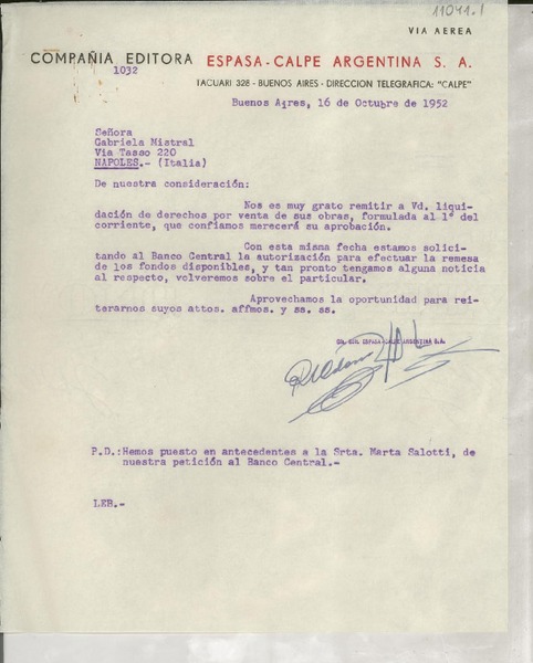 [Carta] 1952 oct. 16, Buenos Aires, [Argentina] [a] Gabriela Mistral, Nápoles, Italia