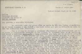 [Carta] 1940 mayo 11, Buenos Aires, [Argentina] [a] Gabriela Mistral, Legación de Chile, Rio de Janeiro, Brasil