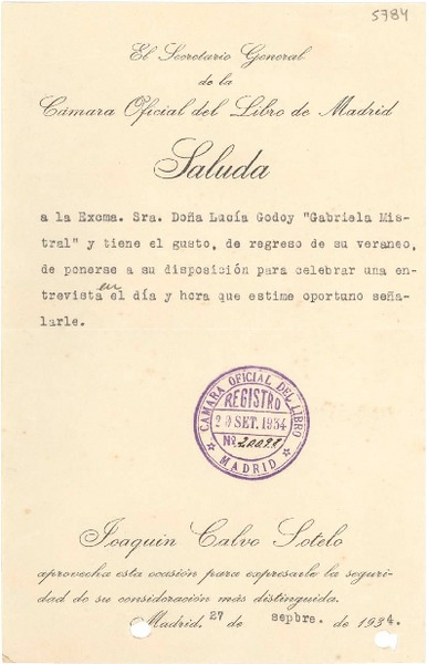 [Carta] 1934 sept. 27, Madrid [a] Gabriela Mistral, [Madrid]