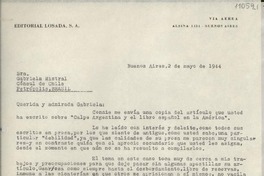[Carta] 1944 mayo 2, Buenos Aires, [Argentina] [a] Gabriela Mistral, Cónsul de Chile, Petrópolis, Brasil
