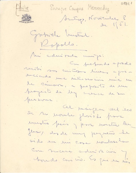 [Carta] 1951 nov. 8, Santiago [a] Gabriela Mistral, Rapallo