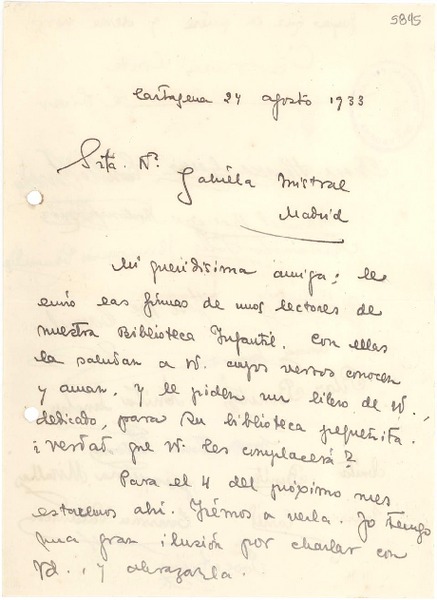 [Carta] 1933 ago. 24, Cartagena [España] [a] Gabriela Mistral, Madrid