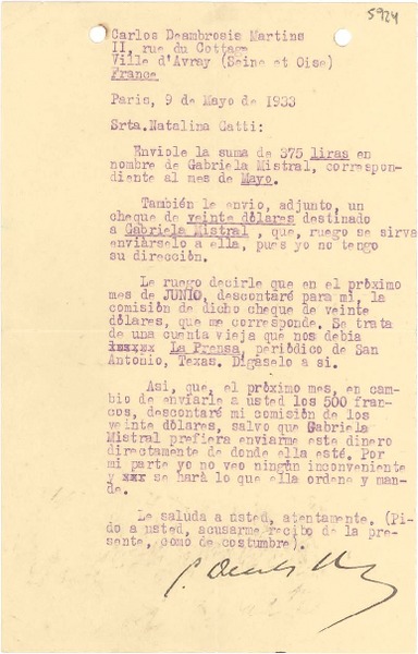[Carta] 1933 mayo 9, Paris, Francia [a] Natalina [i.e. Natalia] Gatti