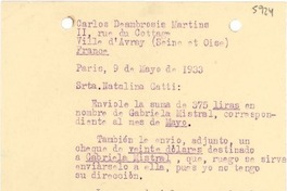 [Carta] 1933 mayo 9, Paris, Francia [a] Natalina [i.e. Natalia] Gatti