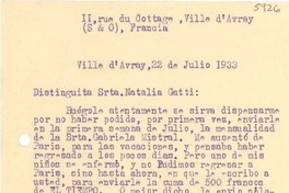 [Carta] 1933 jul. 22, Ville D'Avray, Francia [a] Natalia Gatti