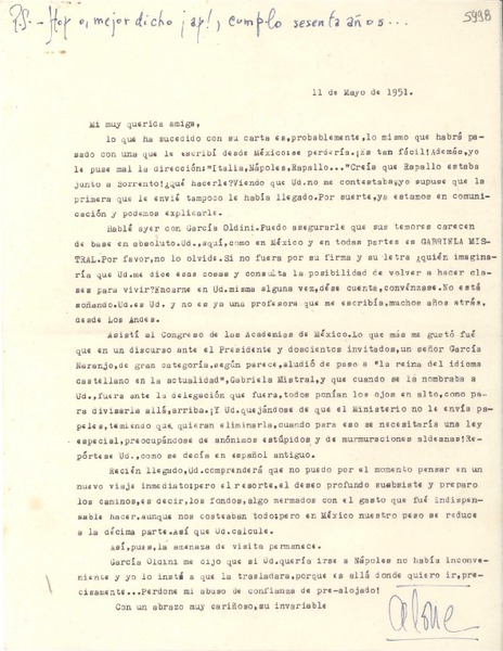 [Carta] 1951 mayo 11, [Santiago] [a] Gabriela Mistral