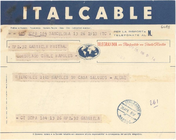 [Telegrama] 1952 apr. 26, Barcelona, [España] [a] Gabriela Mistral, Nápoles, [Italia]
