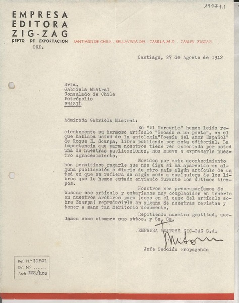 [Carta] 1942 ago. 27, Santiago, Chile [a] Gabriela Mistral, Consulado de Chile, Petrópolis, Brasil