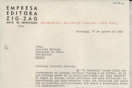 [Carta] 1942 ago. 27, Santiago, Chile [a] Gabriela Mistral, Consulado de Chile, Petrópolis, Brasil
