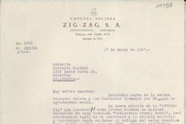 [Carta] 1947 mar. 17, Santiago, Chile [a] Gabriela Mistral, Monrovia, California, [EE.UU.]