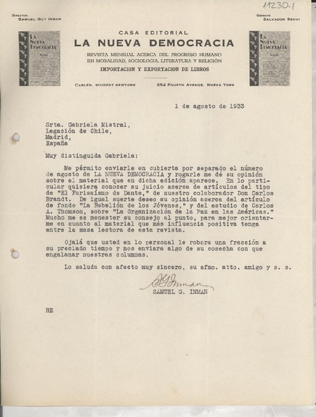 [Carta] 1933 ago. 1, Nueva York, [EE.UU.] [a] Gabriela Mistral, Legación de Chile, Madrid, España